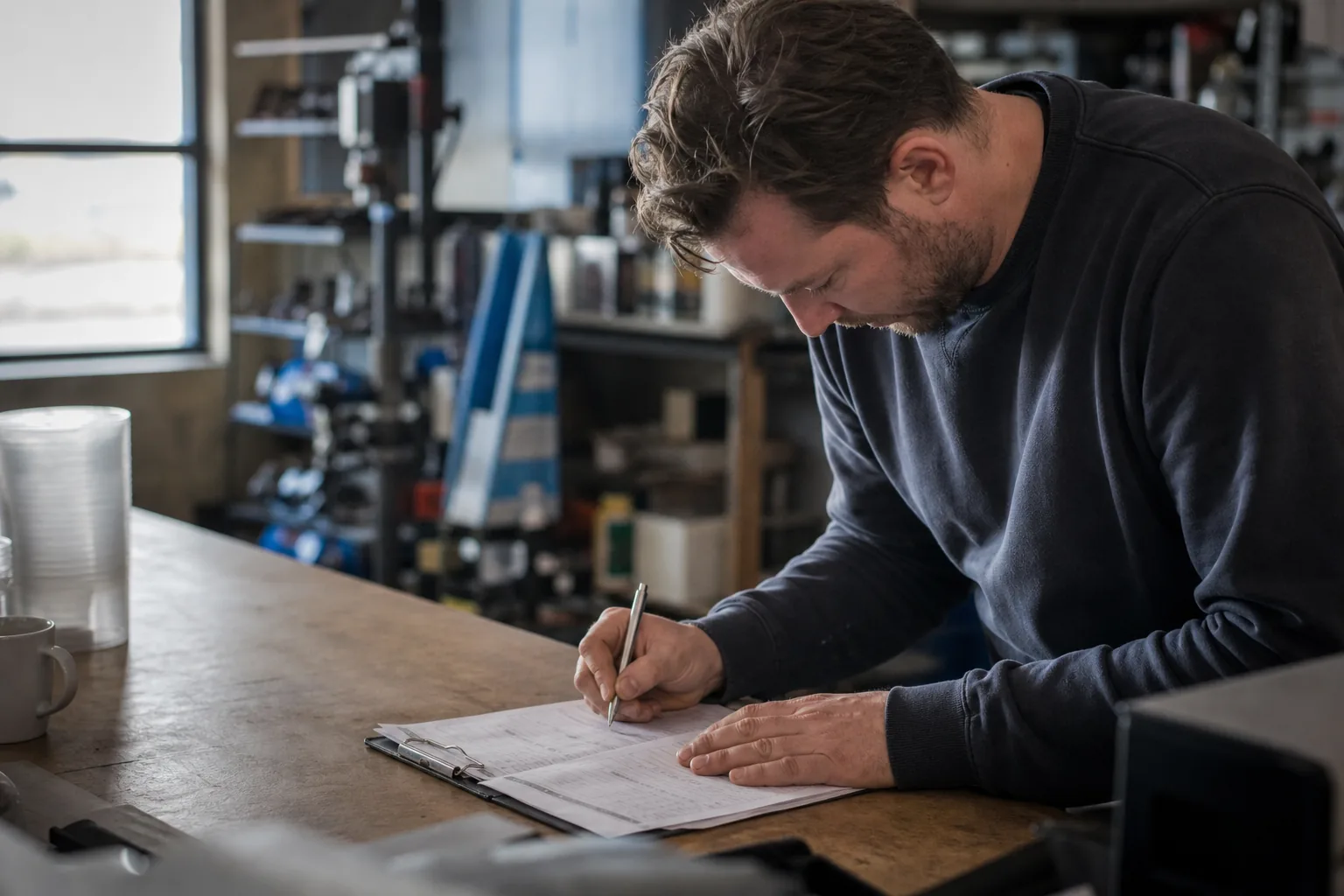 Werk in een Nederlandse winkel of werkplaats. Beeld bij het artikel: Waarom kosten slordig ingevulde reparatiebonnen uw werkplaats elk jaar zoveel tijd en omzet?