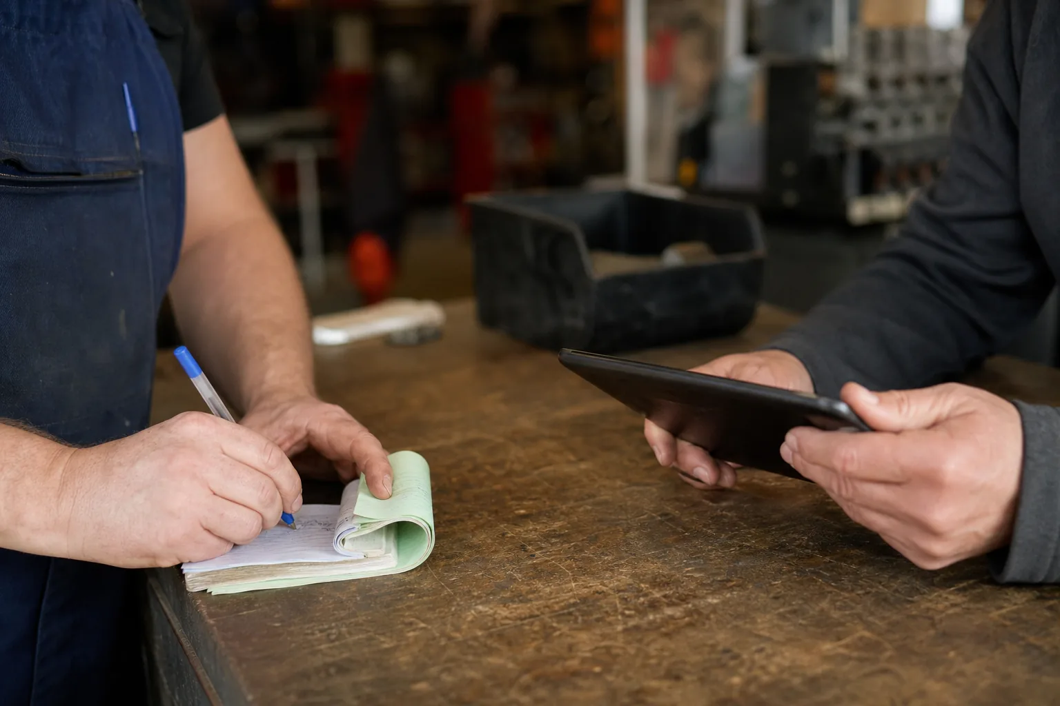 Werk in een Nederlandse winkel of werkplaats. Beeld bij het artikel: Kunt u beter een papieren bonnenboekje of een digitale reparatiebon gebruiken in uw werkplaats?