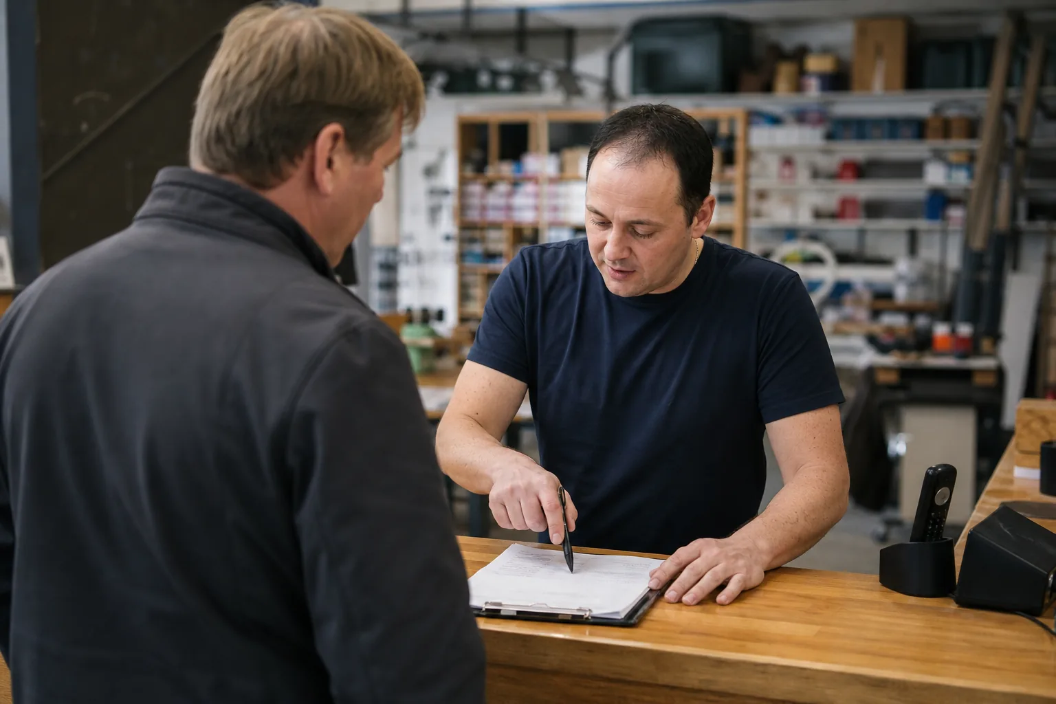 Werk in een Nederlandse winkel of werkplaats. Beeld bij het artikel: Hoe maakt u een reparatiebon die uw klant en uw monteur allebei meteen begrijpen?