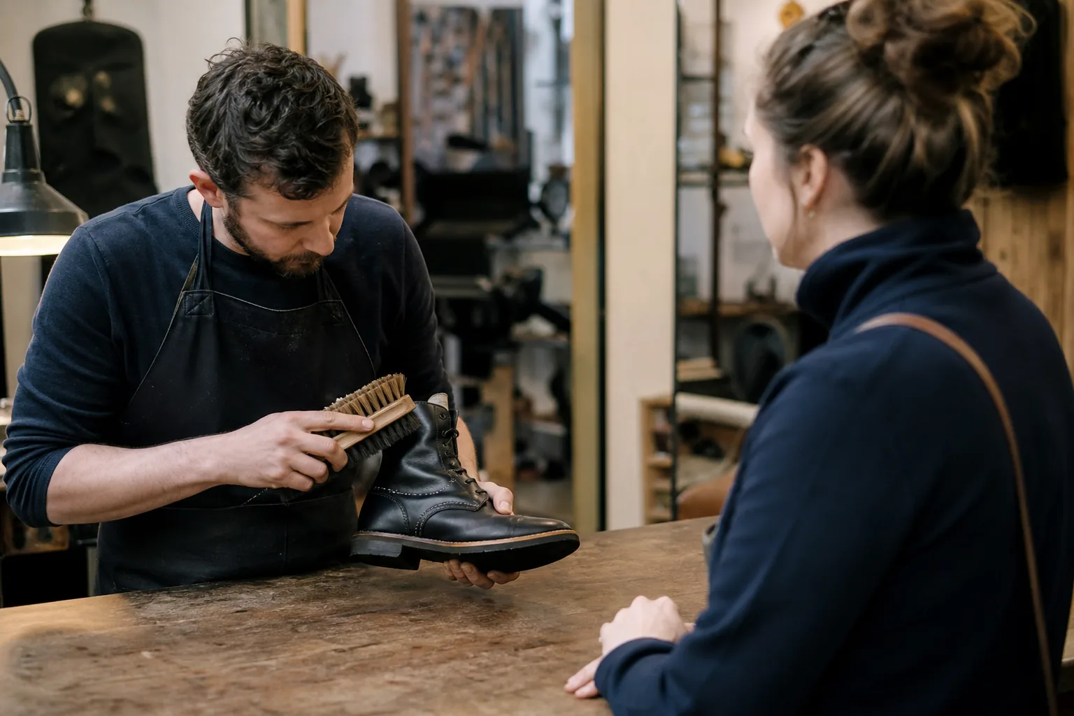 Werk in een Nederlandse winkel of werkplaats. Beeld bij het artikel: Wat moet er gebeuren tussen het aannemen van een reparatie en het afhalen ervan?