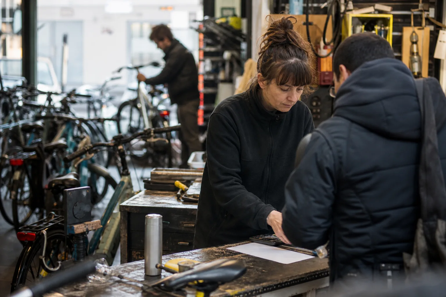 Werk in een Nederlandse winkel of werkplaats. Beeld bij het artikel: Waar loopt het mis als op een drukke zaterdag tien fietsen tegelijk binnenkomen?